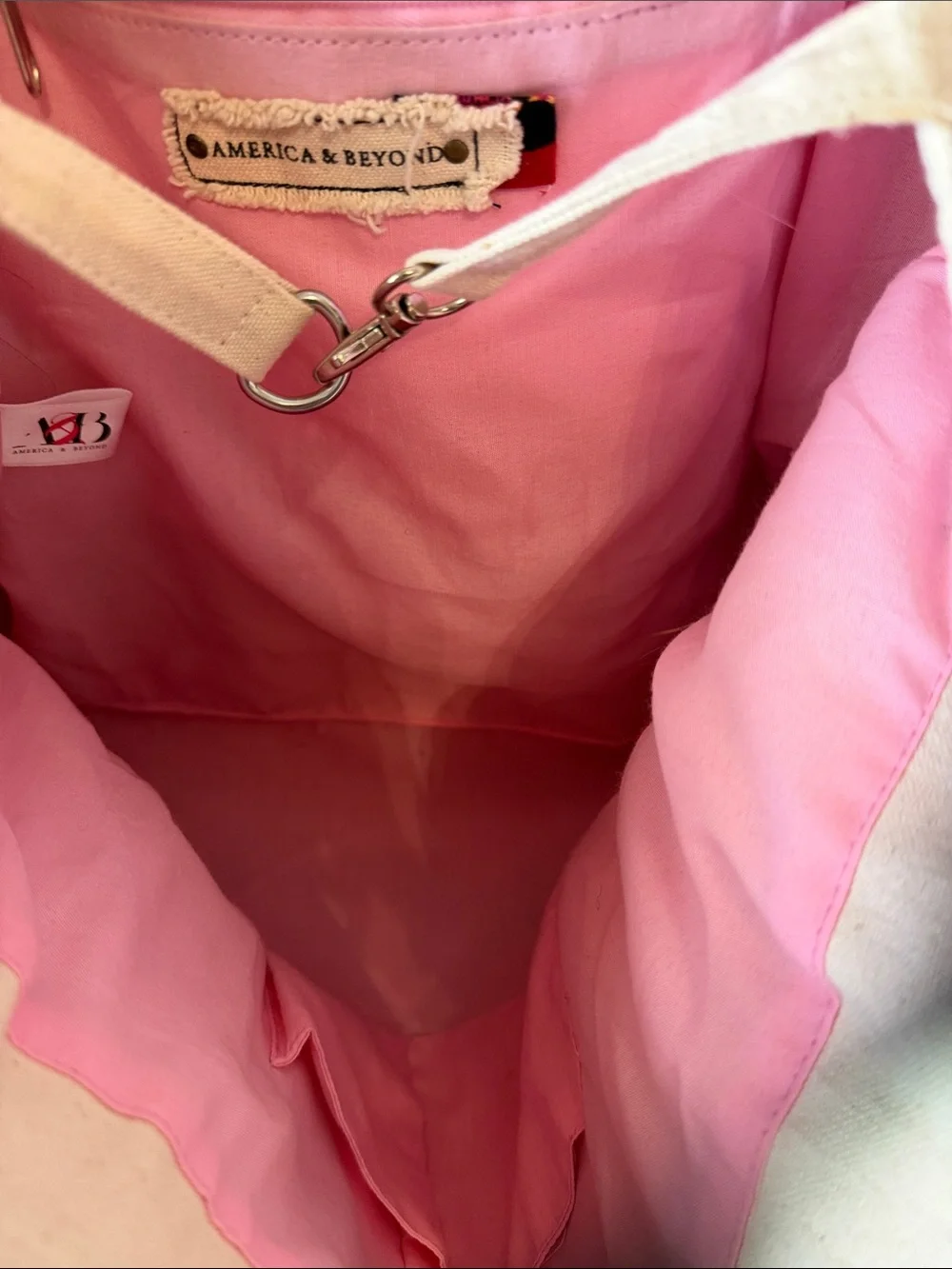 America & Beyond Hand-Embroidered Pink & Green Canvas Tote Bag